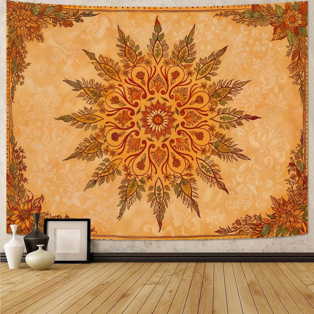 Bohemian Mandala Floral Tapestry | Flat Printed Large Retro Indian Style Orange Yellow Flower Wall Hanging For Bedroom Dorm