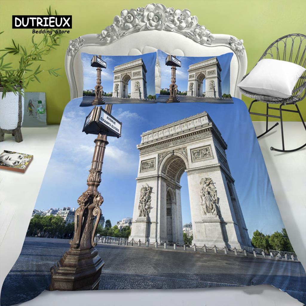 Eiffel Tower Duvet Cover Modern French Paris Cityscape Bedding Set 3D Europe Building Comforter Cover King For Kids Adults Decor