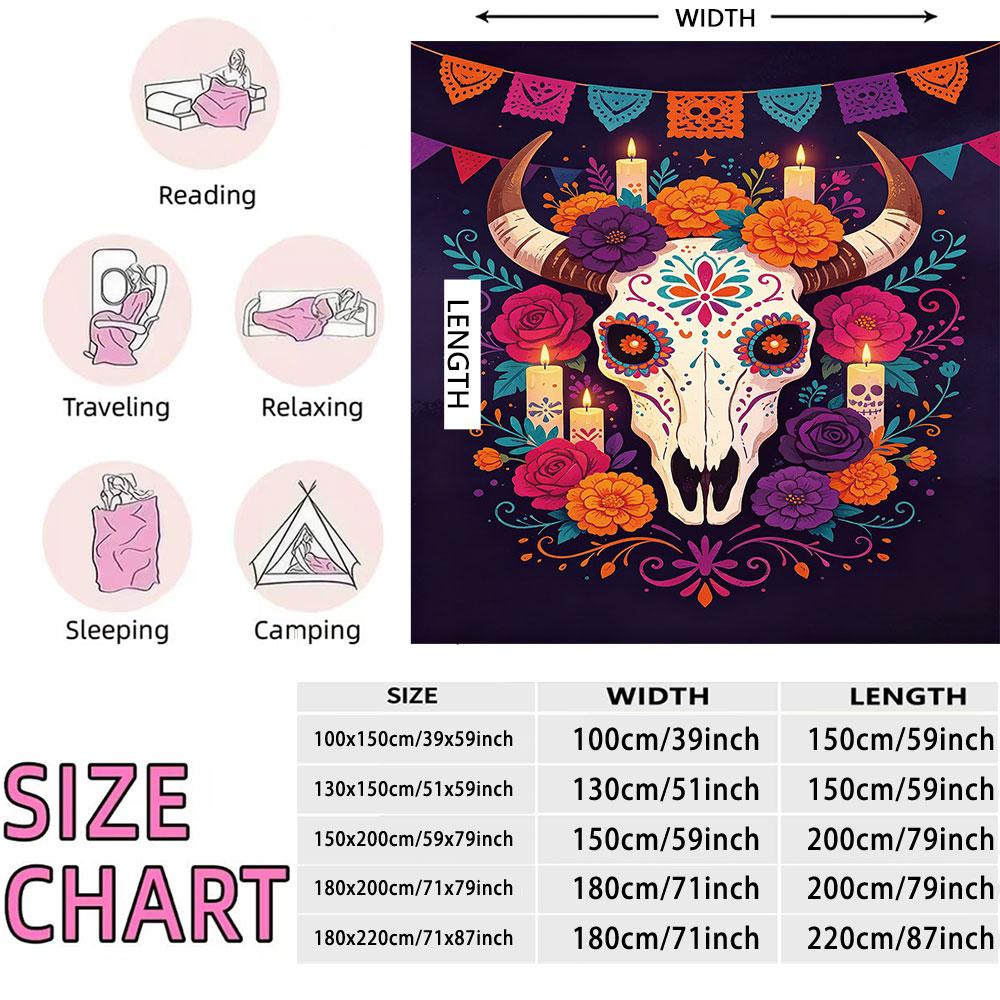 Day Of The Dead Flower Printed Cow Skull Flannel Blanket Multi Sizes Cozy Sofa Throw Nap Blanket For Office Break Festival H