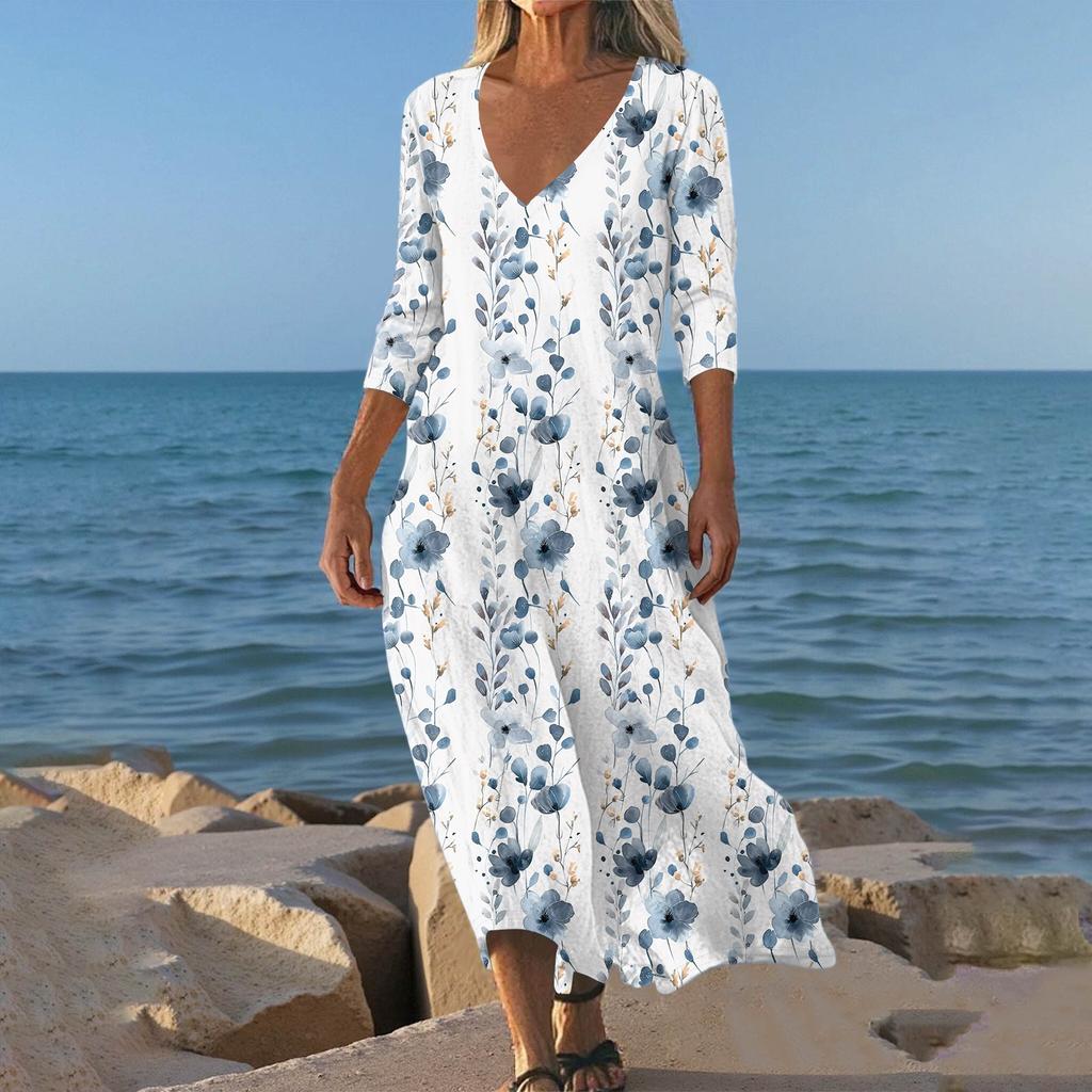 Kleider für Damen Vintage Print Tunika Tailliertes Midi-Kleid Sommer Casual 3/4 Ärmel Kleid