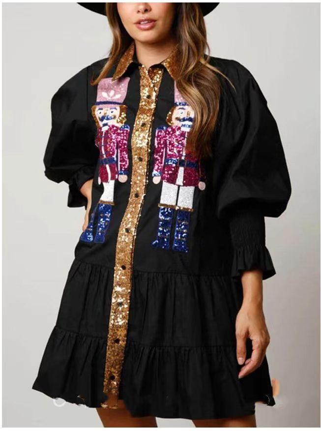 2026 autumn and winter new European and American long dress sequined long-sleeved lapel Christmas sequined dress women S