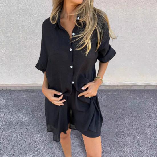 2 stk/sett Spring Shirt Shorts Sett Sommer Nattøy Button-down Lapel Mid Length Bluse Bukser Sett Løst elastisk linning Uformelt antrekk