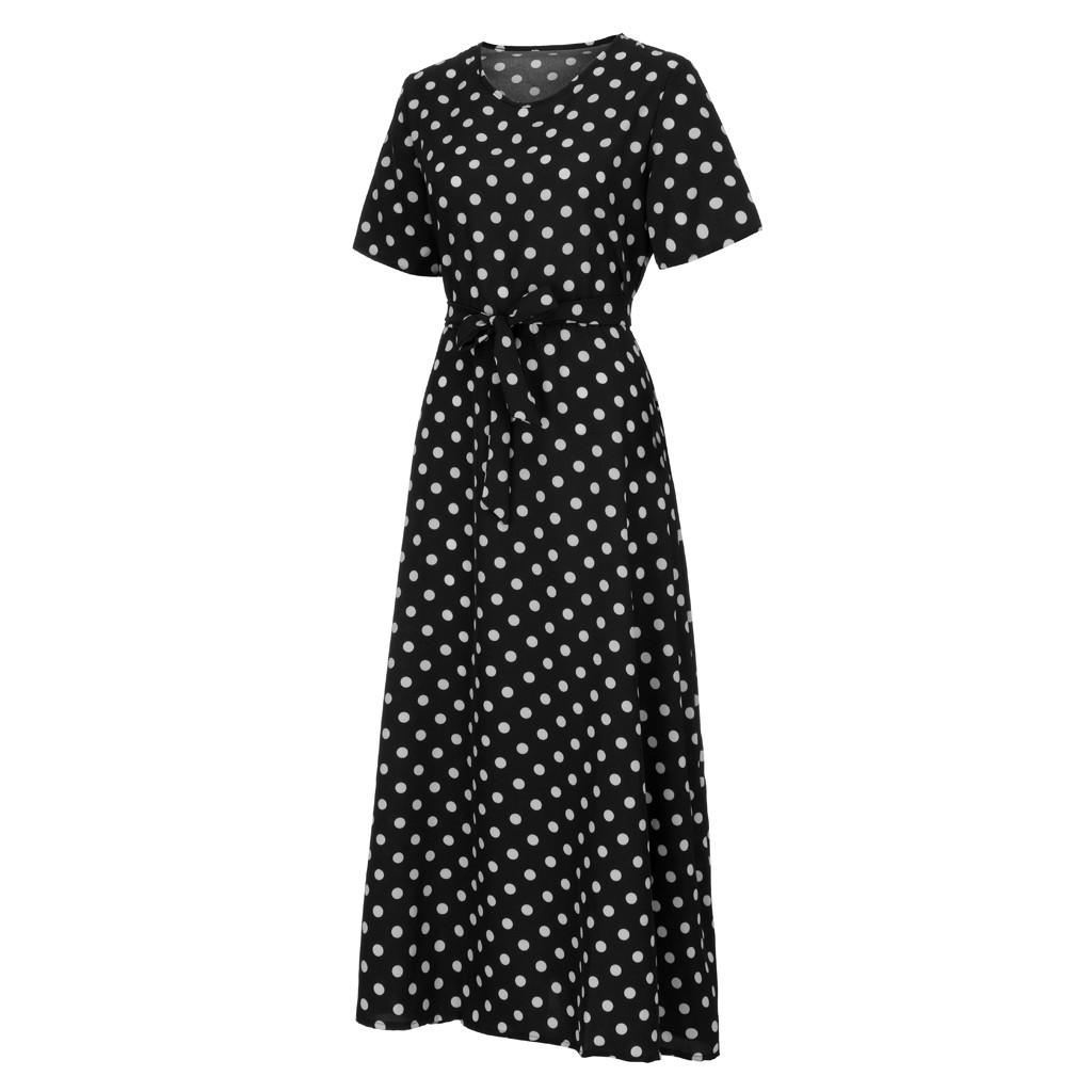 Fashion Women  Short Sleeve Beach Polka Dot Bandage Long Maxi Dress