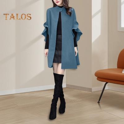 Women Winter Overcoat Petal Sleeve Stand Collar A-line Cape Open Stitch Cardigan Mid Length Outdoor Woolen Coat Poncho