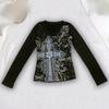 Y2K Gothic Black Printed Women's Retro Spring V-neck Long Sleeved Waist Slimming Top