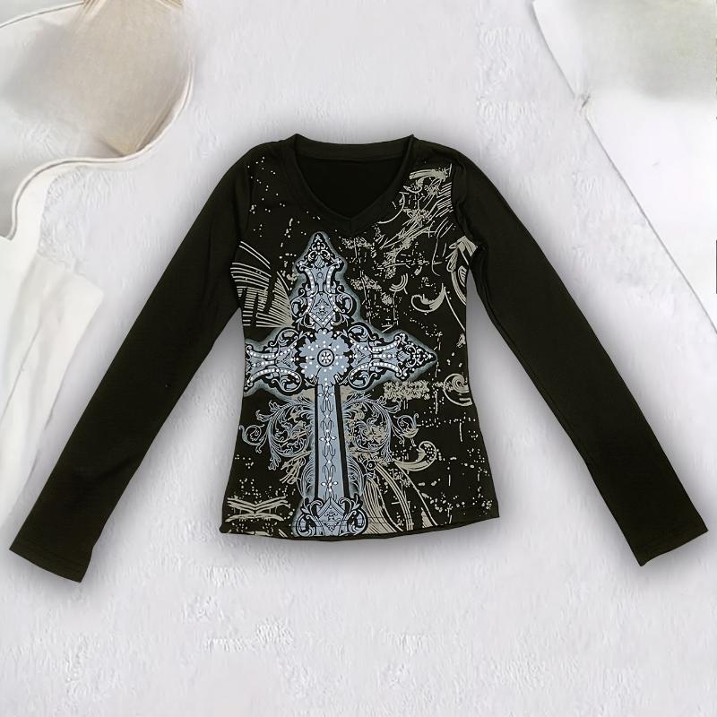 Y2K Gothic black printed women's retro spring V-neck long sleeved waist slimming top