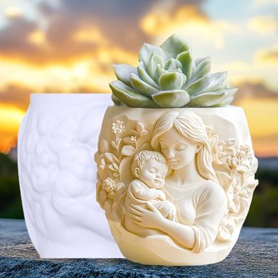 3D Moder håller barn relief suckulent växt blomkruka harts silikonform gudinna relief ljuskopp betongform gipsformar