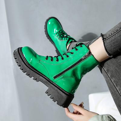 2025 Damen Dicker Absatz Reißverschluss Kurze Booties Lucyever Schnürstiefeletten Rosa Damen Lackleder Plateau Motorradstiefel