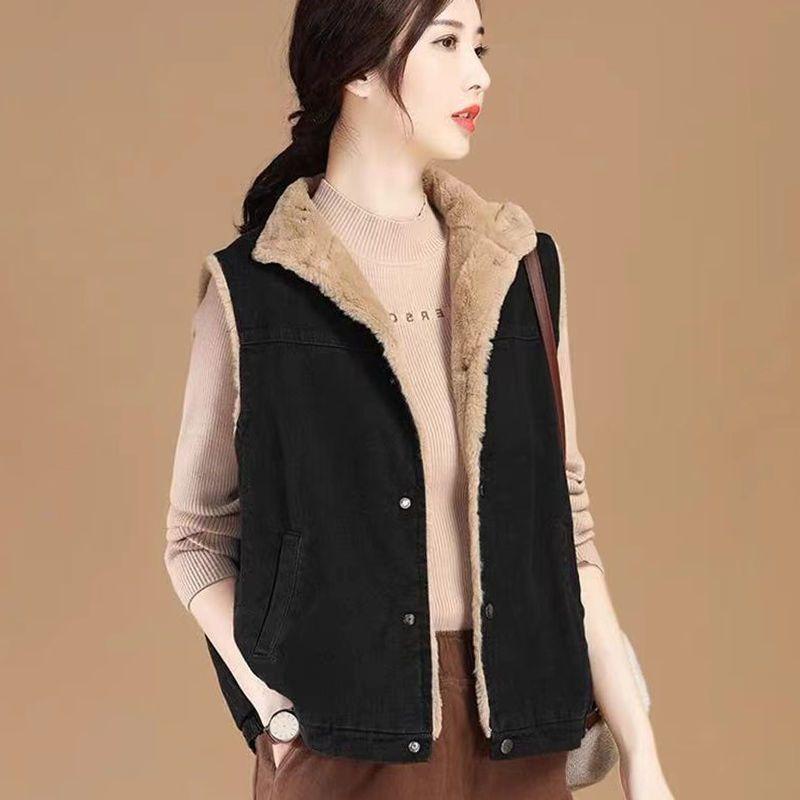 

Plus Velvet Thickened Vest Jacket Women s Outer Wear Winter Spring and Autumn Denim Cotton Vest Vest Short Section 5XL чорний