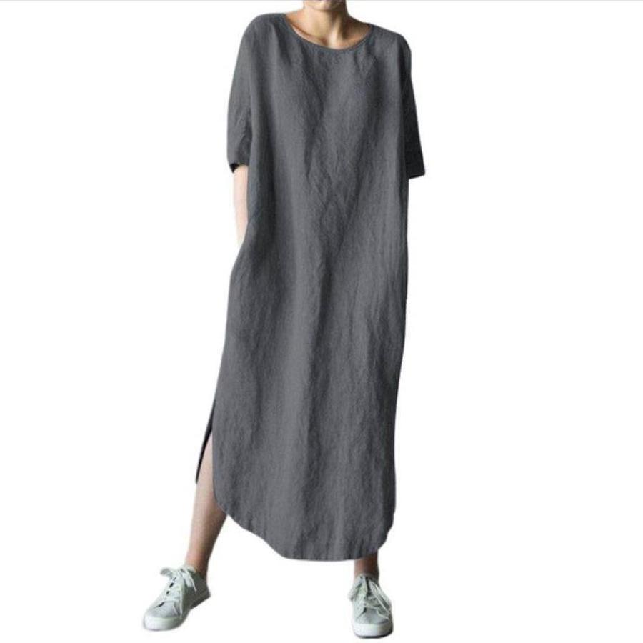 Large Quantity Crew Neck Short Sleeve Solid Side-Split Hem Knee-Length Cotton Linen Dress for Girls