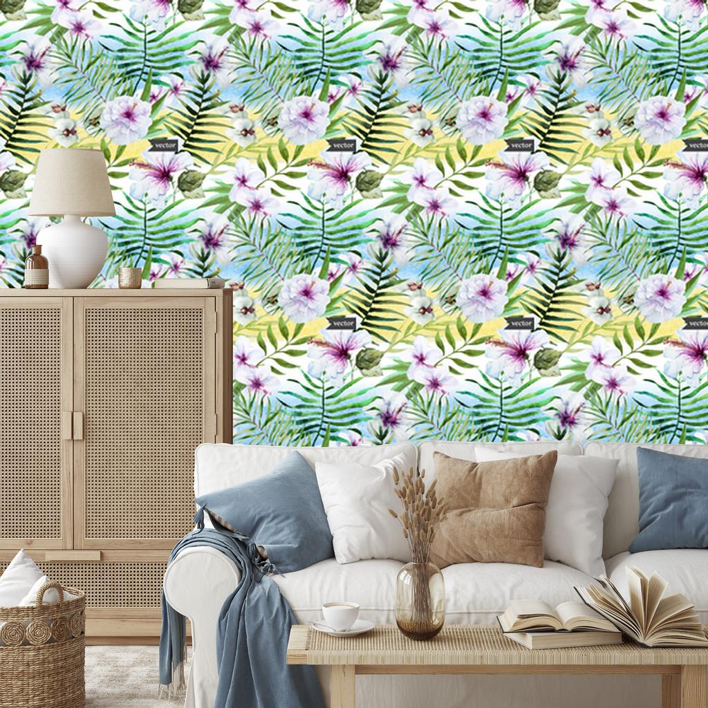 Hibiscus, orchid and palm leaves wallpaper for living room and bedroom 50x1000