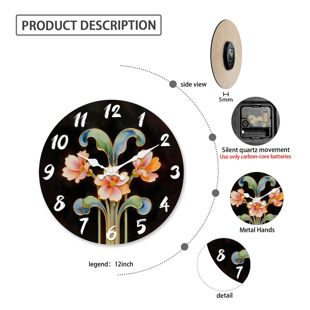 High-Quality Floral High-Quality Pattern High-Quality Wooden High-Quality Wall High-Quality Clock, 10-16Inch High-Quality Silent High-Quality Wall
