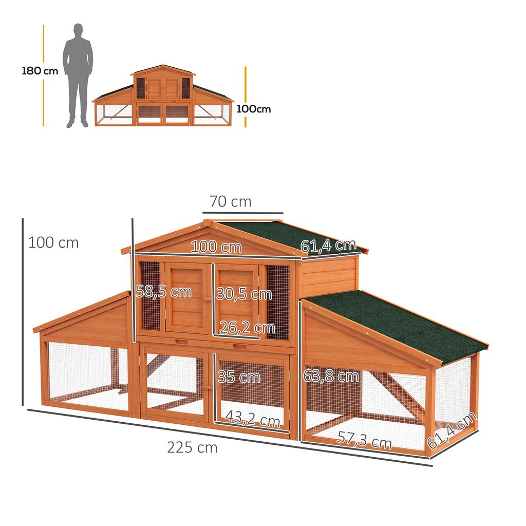 Hutch Cage for Rabbits Rodents Chicken Coop XXL 2 Levels 2 Runs Droppings Tray 2.25L X 0.70W X 1H M Solid Pine Wood