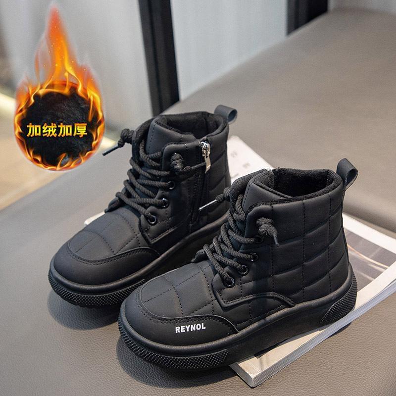 

[Winter Kids Cotton Boots Girls Fleece Lined Short Boots Boys Soft Sole Puffy Shoes Warm Leather Boots Slip Resistant Sneakers] size 38 чорний