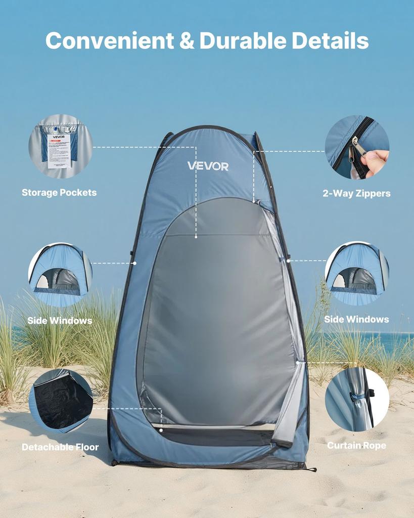Pop Up Shower Tent, Instant Portable Privacy Tent Changing Room with Ground Stakes, Ropes, and Carry Bag, 190T Polyester with Silver Coating, Quick