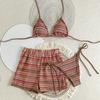 Sexy Knitted Striped Halter Tie Bikinis Sets Three Pieces with Shorts Swimsuits Beachwear Bathing Suit Swimwear Biquini Tankini