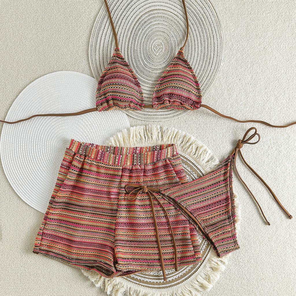Sexy Knitted Striped Halter Tie Bikinis Sets Three Pieces with Shorts Swimsuits Beachwear Bathing Suit Swimwear Biquini Tankini