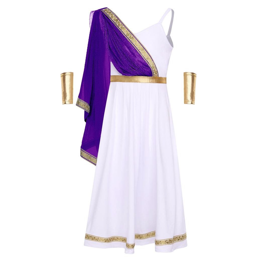 Disfraz de Princesa Griega Antigua para Niñas Vestido Camisola de Cintura Alta Capa con Bordado Dorado Manga para el Brazo Atuendo de Halloween