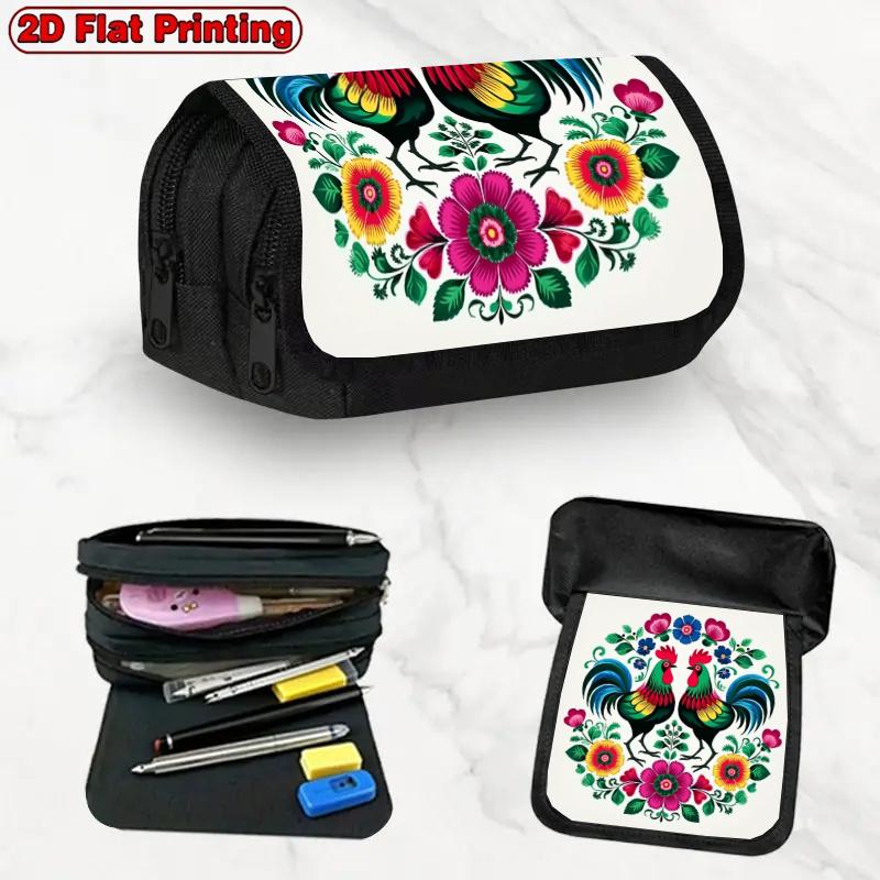 1pc Bright Rooster Design Double Layer Flip Pencil Case - Multi-Layer Flip Cover with Zipper Closure, Suitable For, Office & Travel, Stylish Storage F