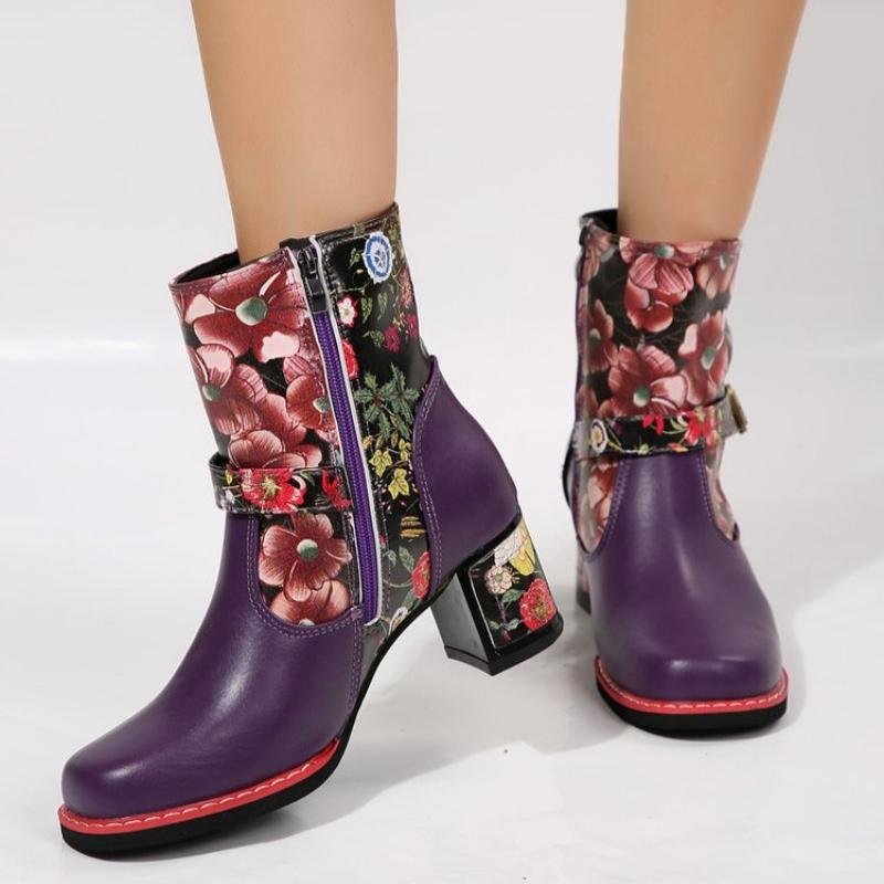 Fashion Women's Chunky Heel Boots Winter New Round Head Color Matching Printed Side Zipper Belt Buckle Short High Heel Boots