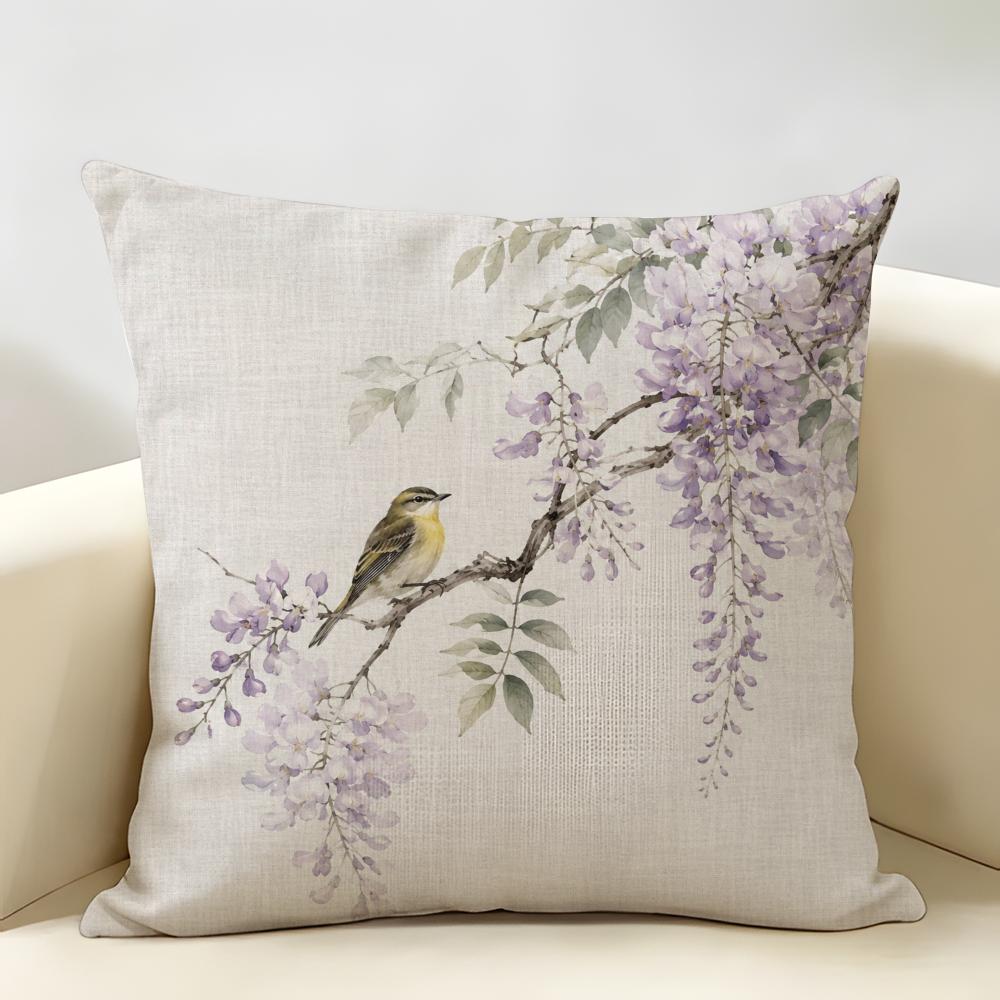 Oriental Watercolor Bird Blossom Cushion Cover Durable Hypoallergenic Organic Linen Short Pillow Cover Washable