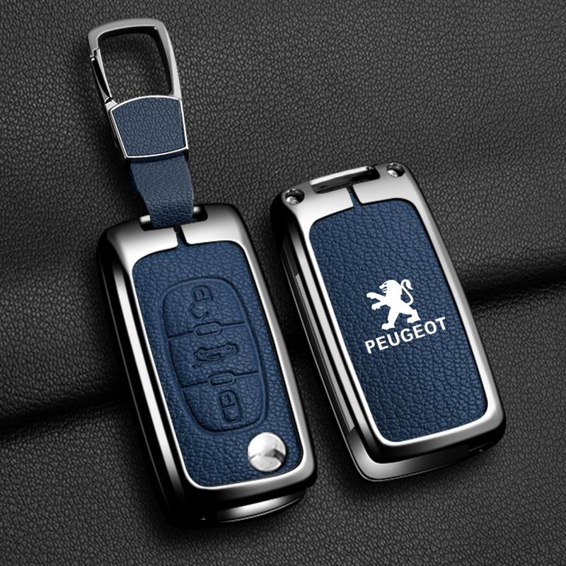 2026 Hete Auto Sticker Legering Leer Auto Flip Afstandsbediening Sleutelhoes Fob Cover Houder Shell voor Peugeot 207 307 308 407 607 807 Beschermer