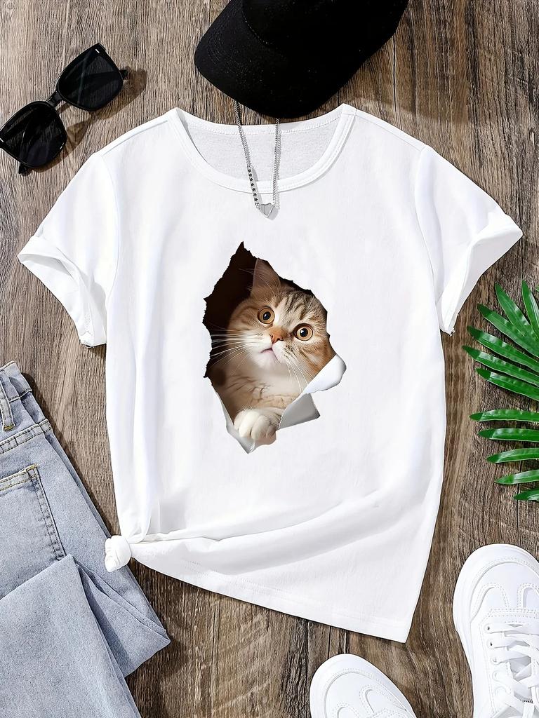 Kawaii Little Cat Tshirt for Women Cute Black Shortsleeved Harajuku Print Tshirt Pattern Tshirt for Women Vintage Y2k Top