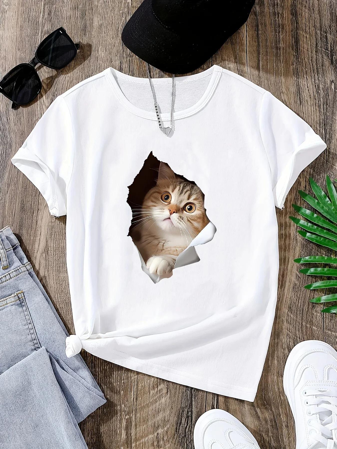 

Милая футболка с маленьким котенком для женщин, милые черные короткорукавные футболки с принтом в стиле Харадзюку, футболка с узором для женщин, винтажный топ Y2k S