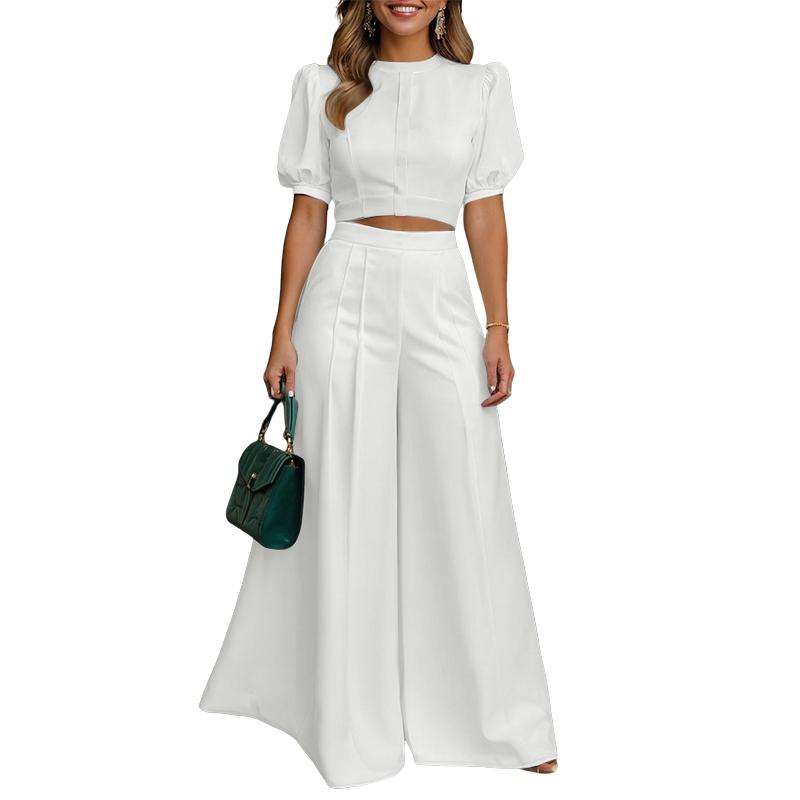 ZANZEA Women Short Sleeve Cropped Tops and Wide Leg Pants Two Piece Suit Sets