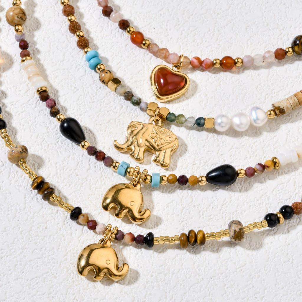 Elefanten-Anhänger-Halskette: Edelstahl, Naturstein, Handgefertigte Perlen, Retro Schlüsselbein-Kette