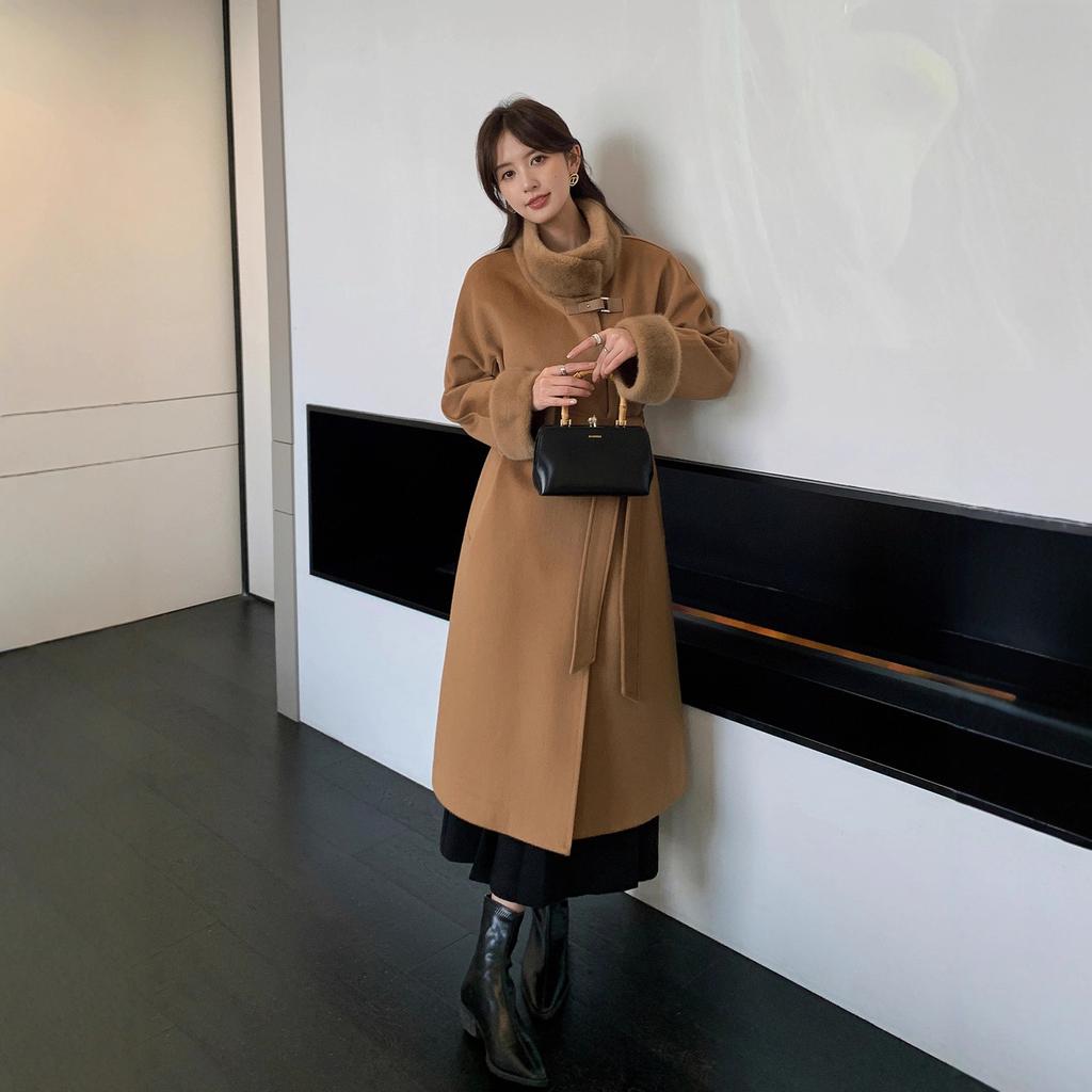 Autumn and winter new simple and fashionable versatile mink hair stand-up collar long-sleeved lace-up design cashmere solid color coat