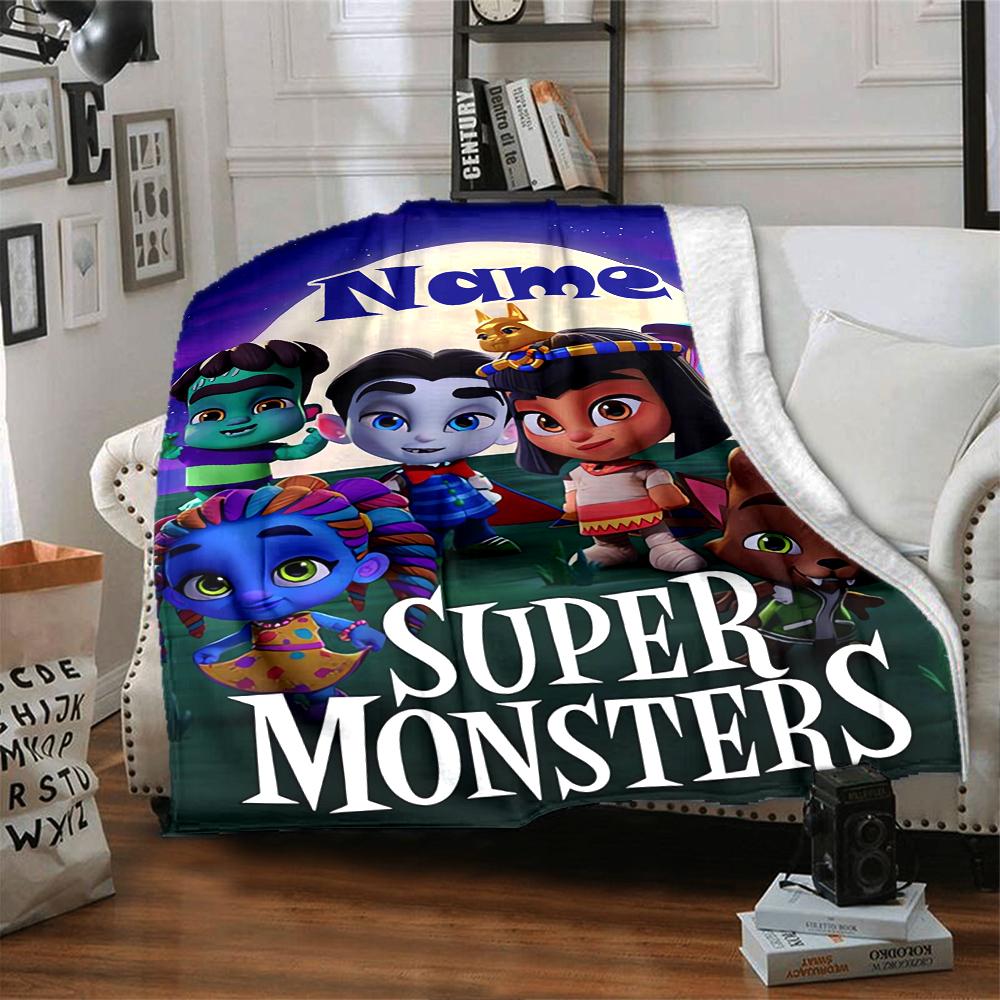 Custom Name Super Monsters Theme Printed Blanket - Perfect for Couch, Bed, Travel & Outdoor Use | Machine Washable, Cozy & Durable.