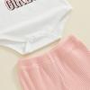 Baby Girls Fall Outfits Letter Print Long Sleeves Romper and Elastic Ribbed Flared Pants Headband Set 3 Piece Clothes