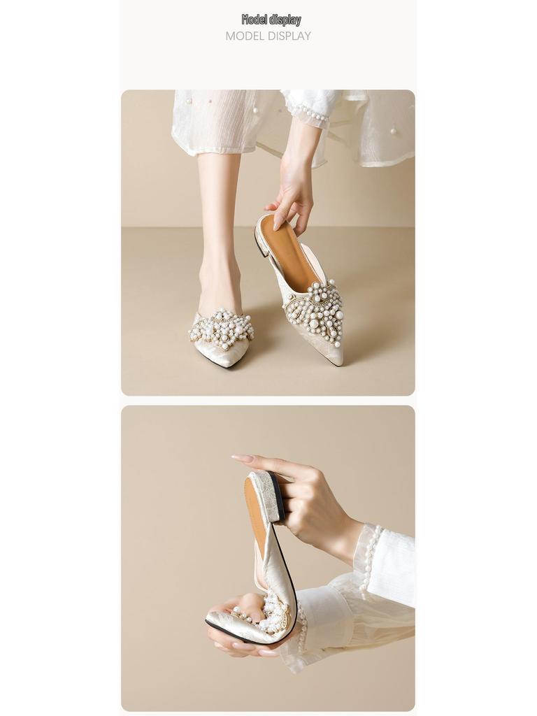 Weiwei Girl Pearl Rhinestone Slip-on Closed Toe Sandals - Women's Chinese Style Flat Heel Half Slippers for Summer