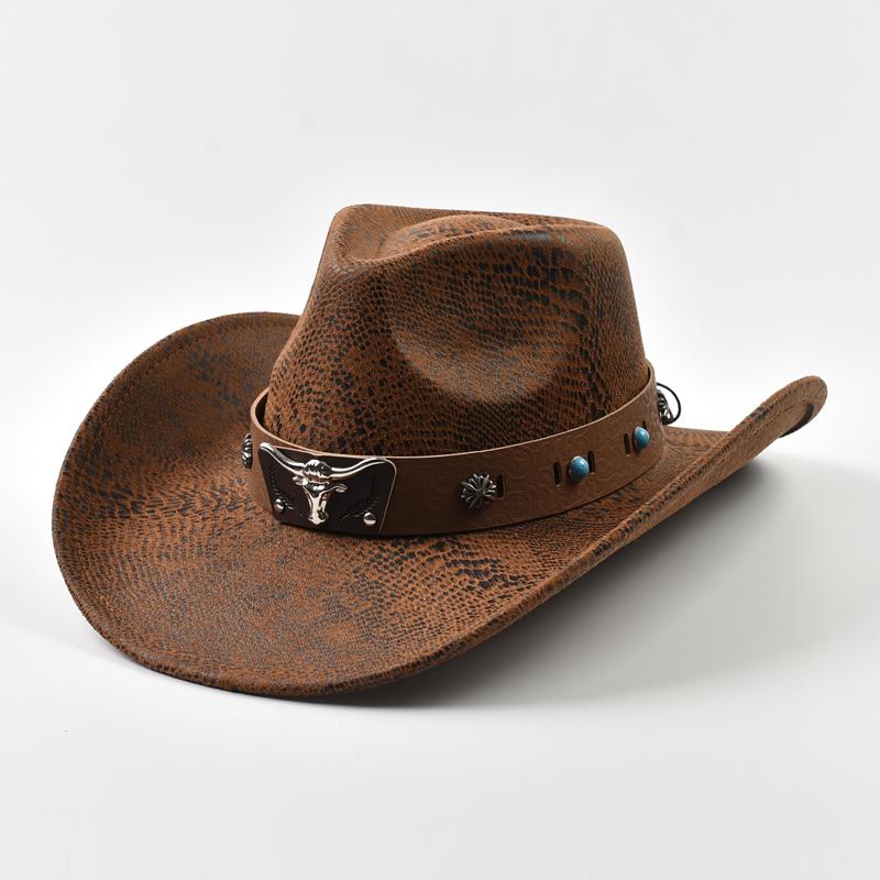 Fashion Cow Head Decorate Western Cowboy Hat Vintage Gentleman Jazz Hats for Men Panama Cowgirl Hat