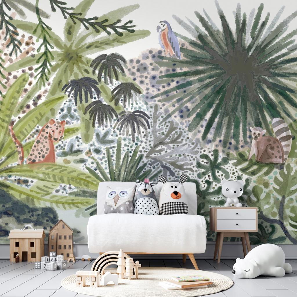 Fototapeta - Flora Madagaskaru - Krajobraz Tropikalny Z Akwarelowymi Zwierzętami