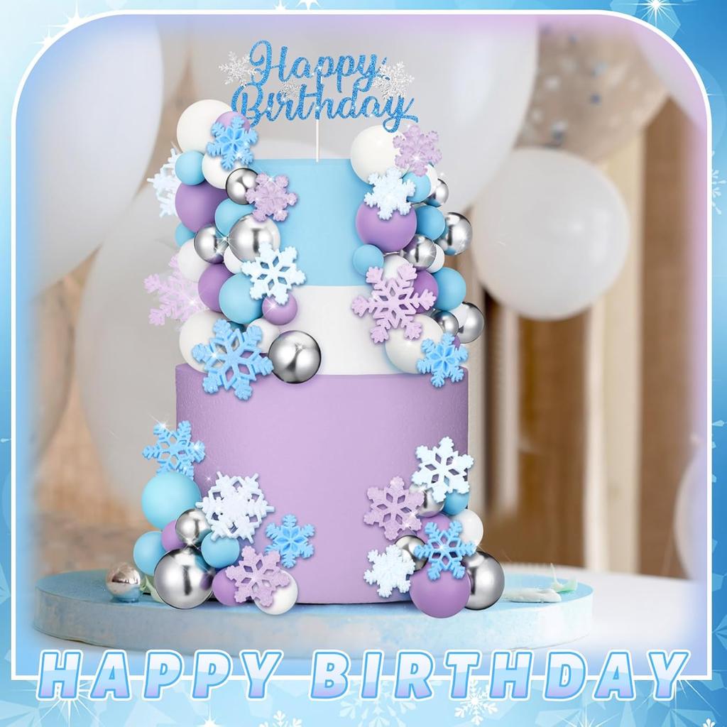 Snowflake Cake Toppers Happy Birthday Cake Topper Set Multicolor Balls Cake Decorations for Christmas New Year Winter Party