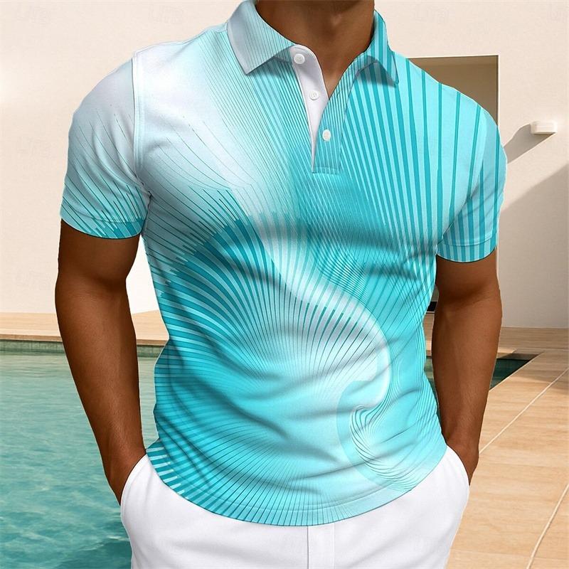 Men's Short Sleeved Polo Shirt with Colorful 3D Color Block Printing, Summer Casual Lapel Short Sleeved Street Top