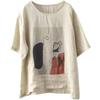 Women's Retro Print Cotton Linen Top - Short Sleeve, Loose Fit Pullover