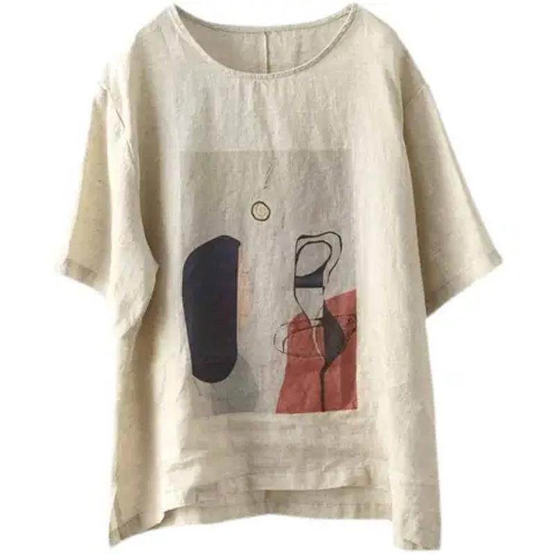 Women's Retro Print Cotton Linen Top - Short Sleeve, Loose Fit Pullover
