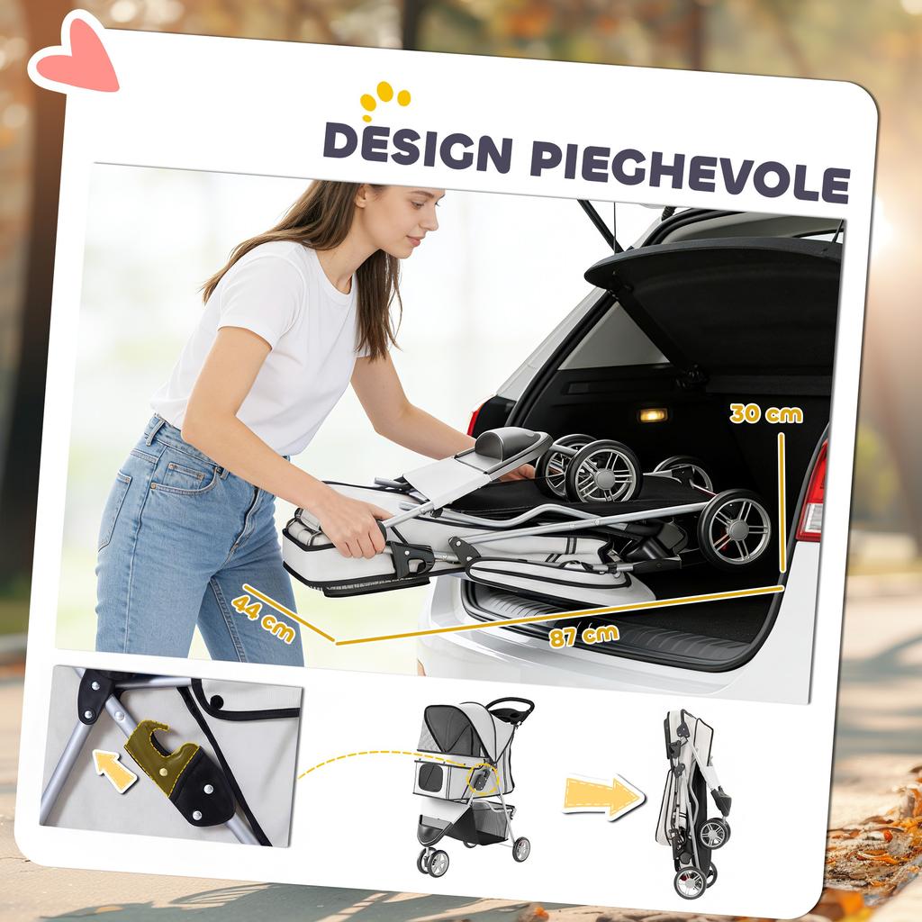 Folding Dog Stroller with Cup Holder and Basket, 77x44x102 Cm, Grey