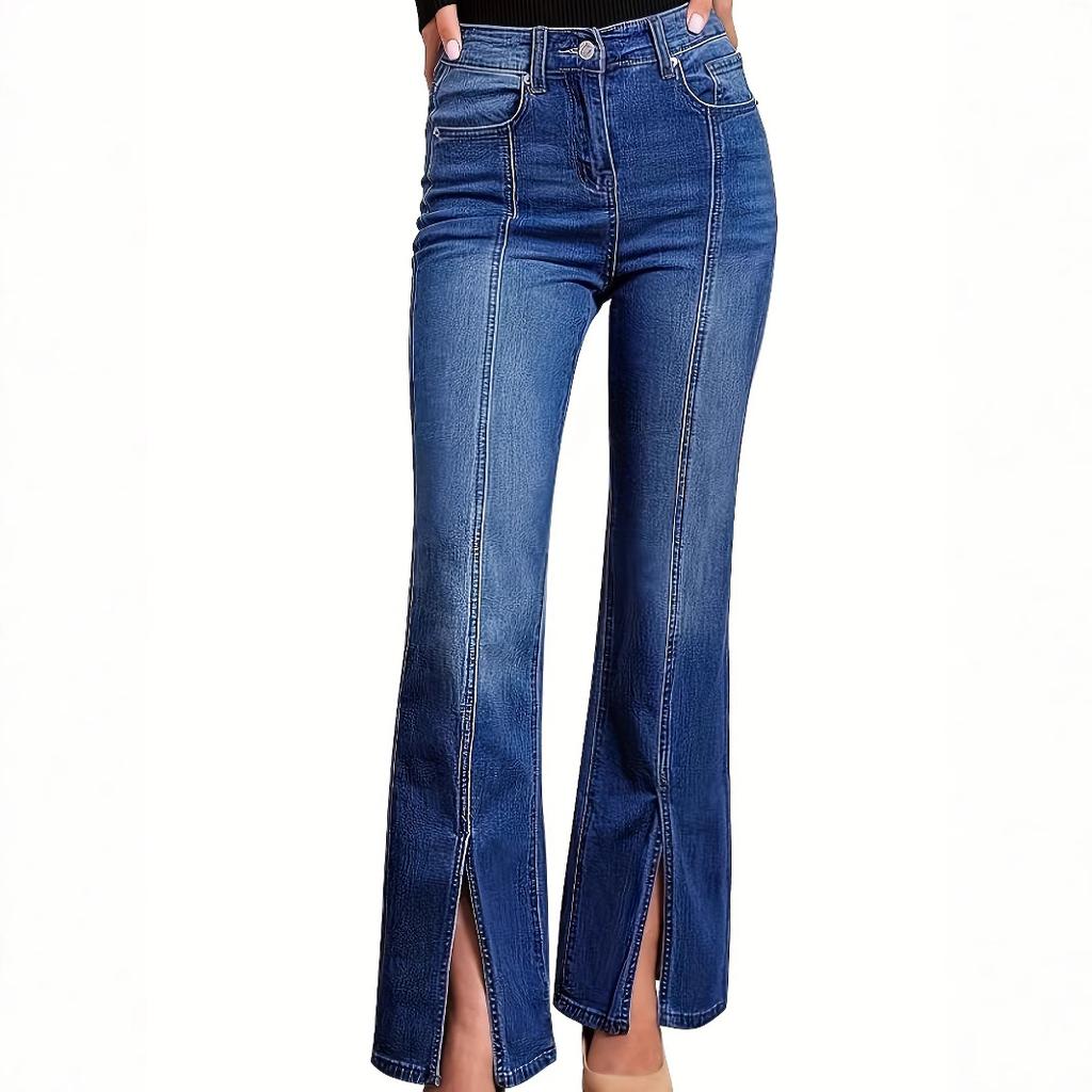 New Plus Size Fashion Trendy Stretch Jeans with Front Slit, Slim Fit Wide Leg Denim Pants for Women