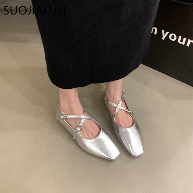 Fashion SUOJIALUN Spring New Women Flat Shoes Fashion Gold Ladies Round Toe Sahllow Ladies Elegant Mary Jane Shoes Soft Dress Ballerinas