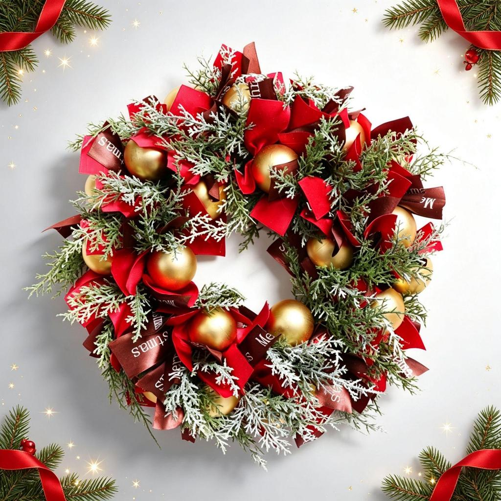 Christmas Ribbon Wreath Ornament: Holiday Party Door Hanger & Pine Branch Decoration