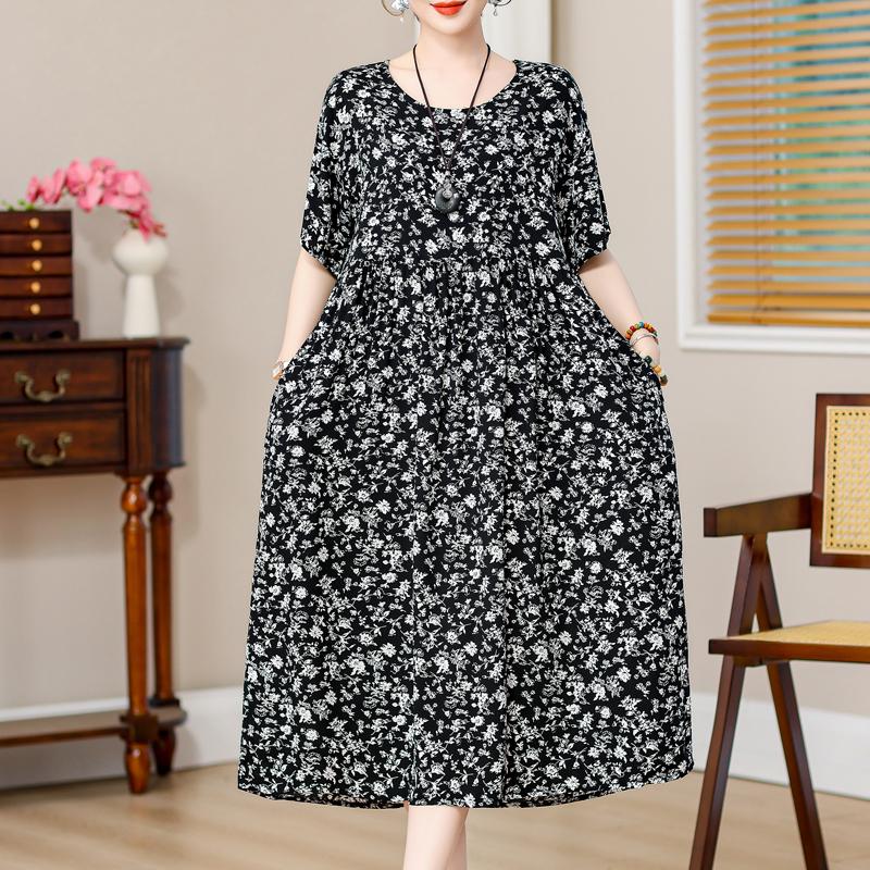 Plus Size Vintage Print Long Dress for Women Oversize Short Sleeve Elegant Loose Dresses Summer Casual Middle-aged Women's Clothing