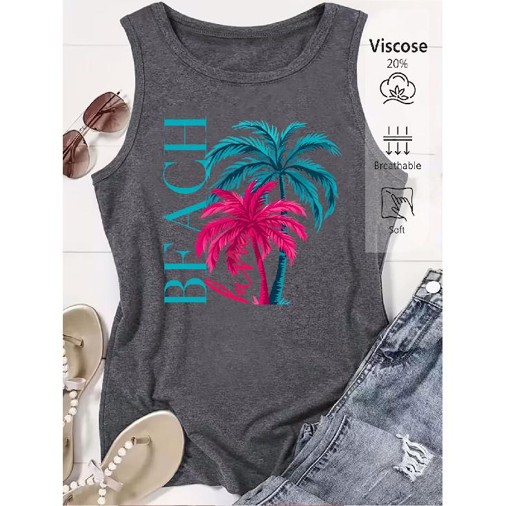 Colorful Palm Tree Print Loose Women Beach Sleeveless Tank Top