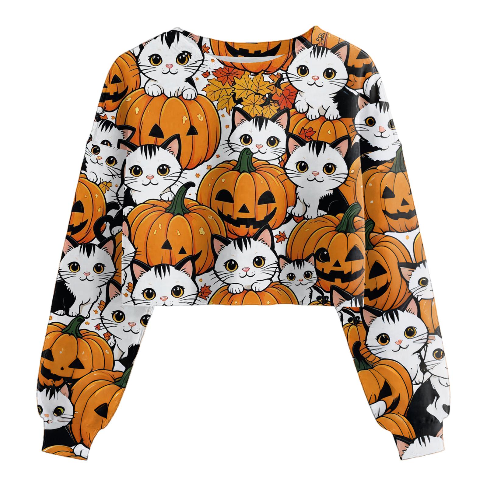 

Женский модный пуловер с длинным рукавом и принтом на Хэллоуин, открывающий живот XL