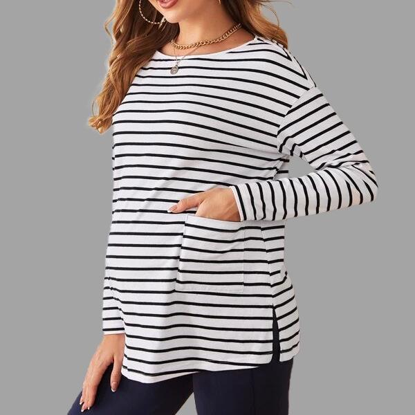 Striped Pocket Round Neck Long Sleeve Maternity Top for Women