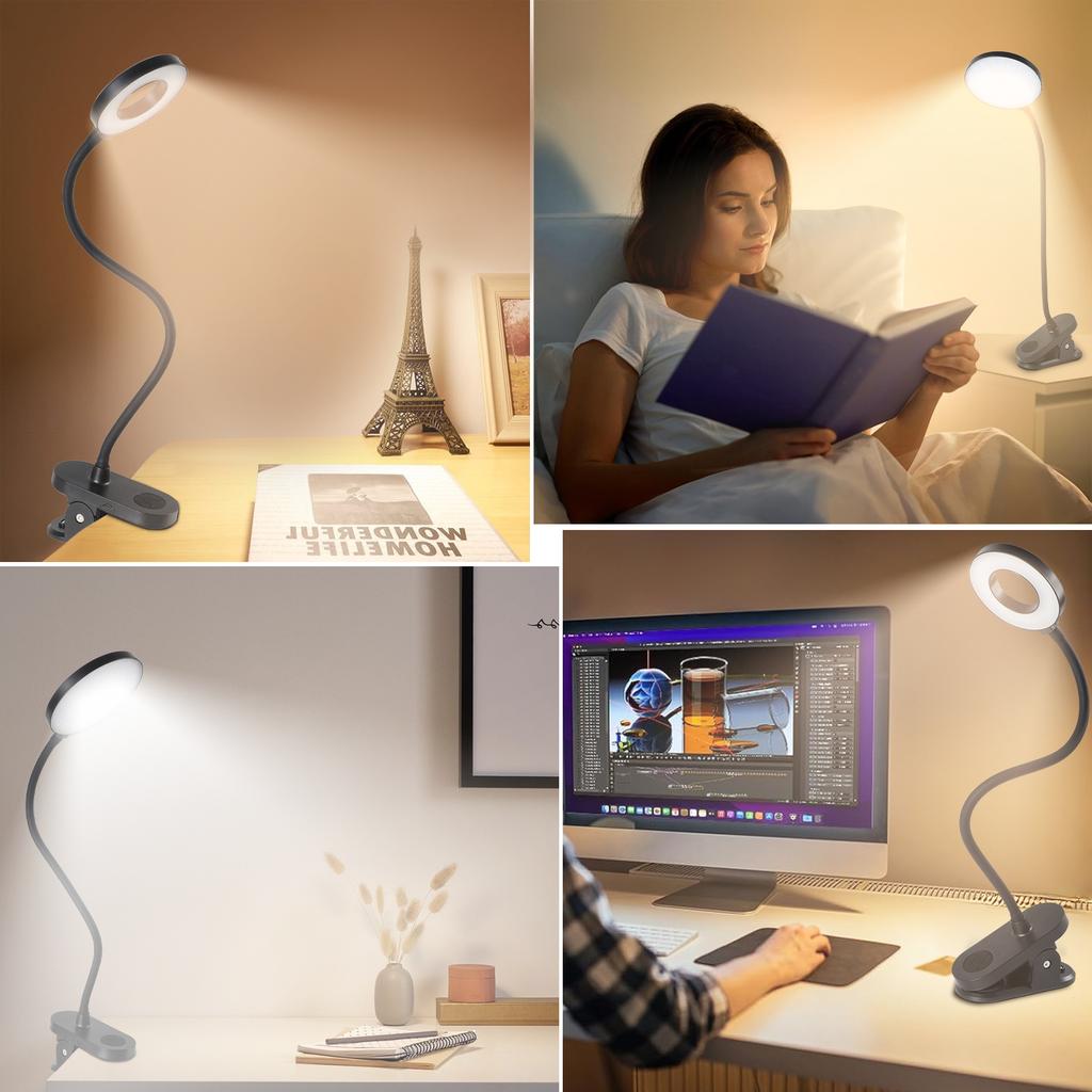 USB Charging Clip Desk Lamp Bedside Reading Lamp with 3 Color Modes and Adjustable Brightness - Black