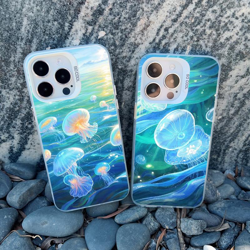 Marine Creature Jellyfish Phone Case For iPhone 16 15 Pro Max Plus 14 13 Mini 12 11 Pro Max Shockproof Laser Back Cover Fundas